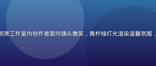 娜依灵儿创作现场照片，明亮工作室内创作者面向镜头微笑，青柠绿灯光渲染温馨氛围，展现娜依灵儿的创作热情
